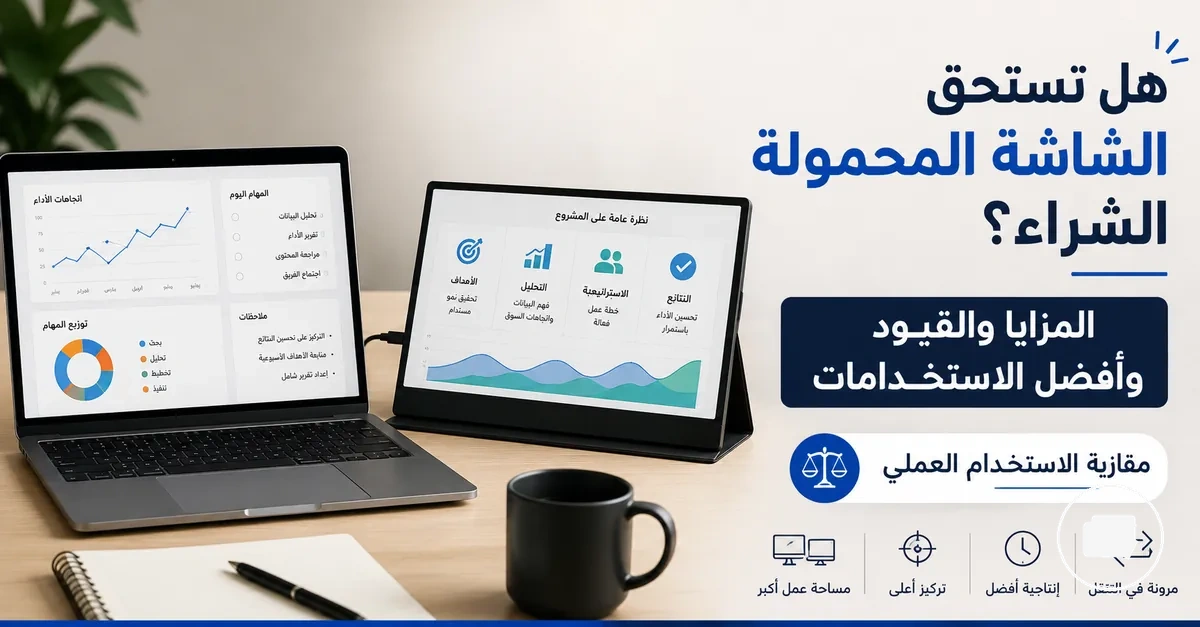 شاشة محمولة بجانب لابتوب لمقارنة فوائد الشاشة الثانية