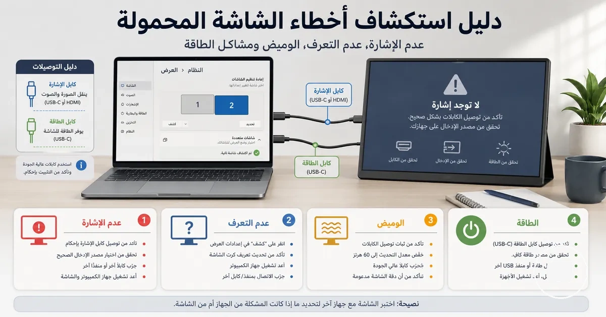 إعداد استكشاف أخطاء الشاشة المحمولة مع الكابلات وفحص الإشارة والطاقة
