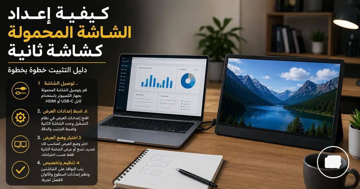 شاشة محمولة مُعدة كشاشة ثانية بجانب لابتوب على مكتب