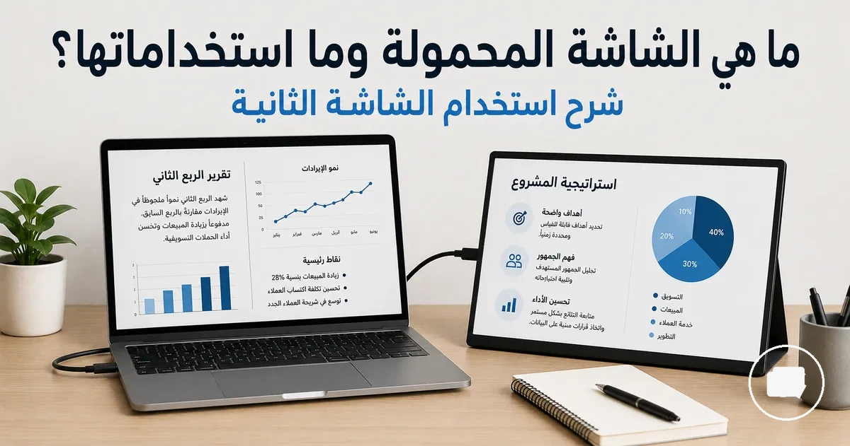 شاشة محمولة بجانب لابتوب لشرح استخدامها كشاشة ثانية