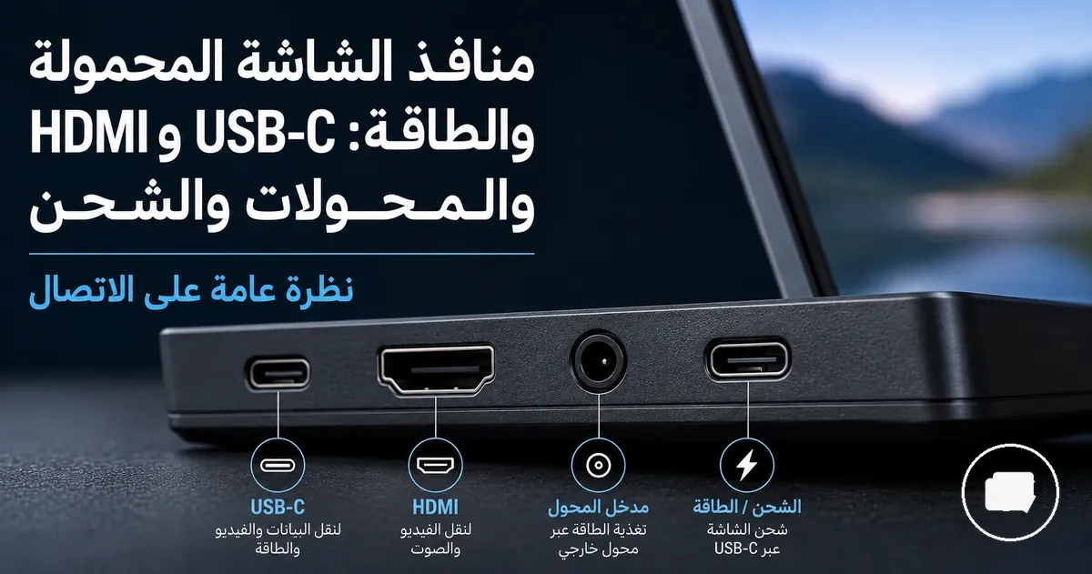 لقطة قريبة لمنافذ الشاشة المحمولة تشمل USB-C وHDMI والطاقة