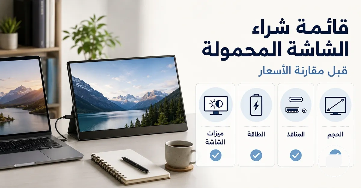 قائمة شراء شاشة محمولة تشمل الحجم والمنافذ والطاقة وميزات العرض