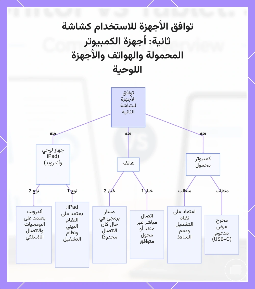 توافق الأجهزة للاستخدام كشاشة ثانية: أجهزة الكمبيوتر المحمولة والهواتف والأجهزة اللوحية