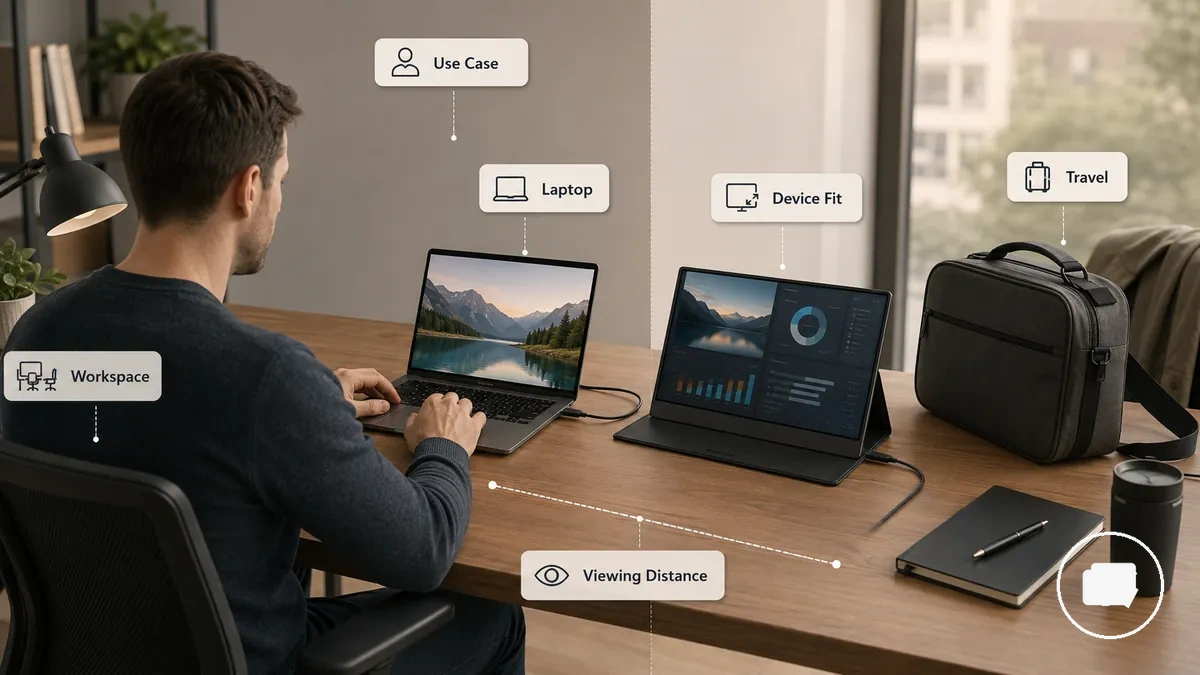 Einsatzzweck eines tragbaren Monitors mit Laptop-Arbeitsplatz und Sichtabstand