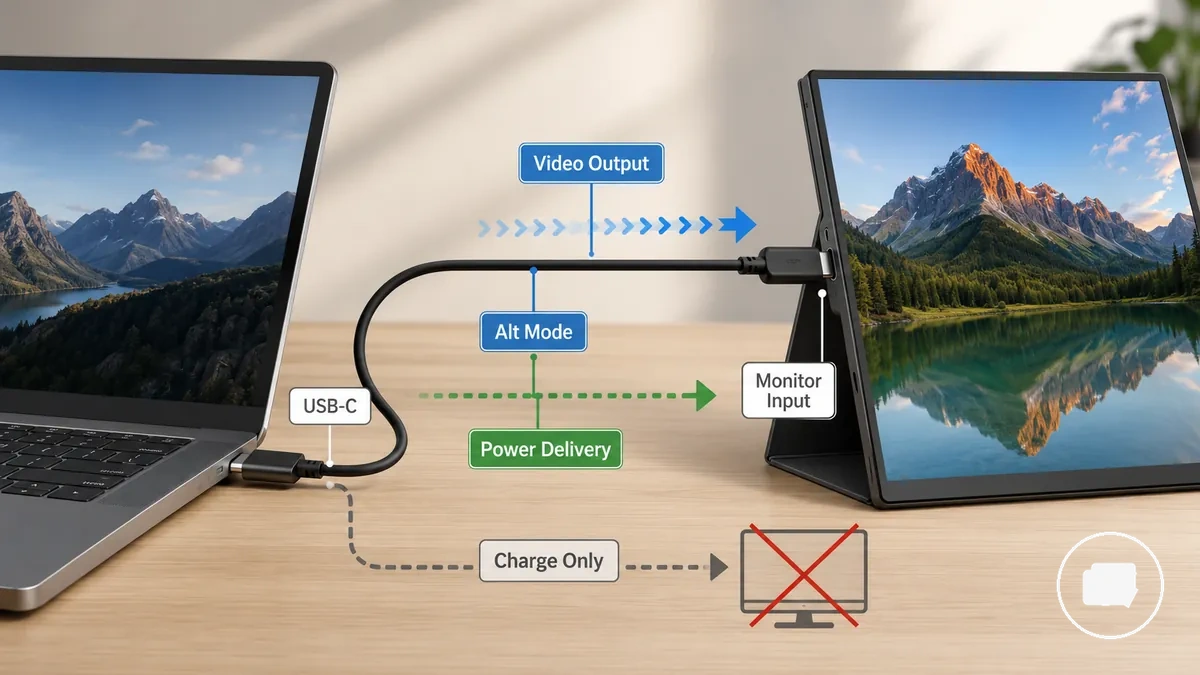Diagramm mit HDMI-Videosignal und separater USB-Stromverbindung für einen tragbaren Monitor