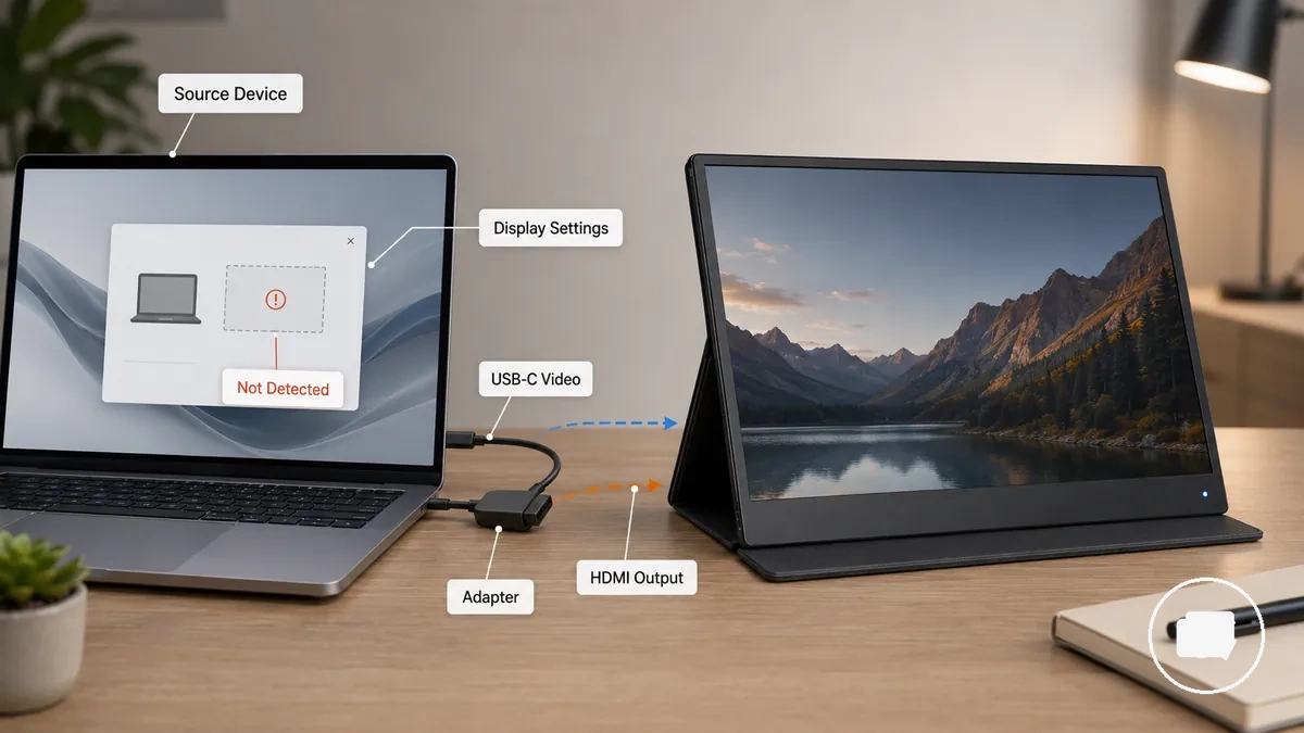 Anzeigeeinstellungen eines Laptops zeigen, dass der tragbare Monitor bei Verbindung nicht erkannt wird