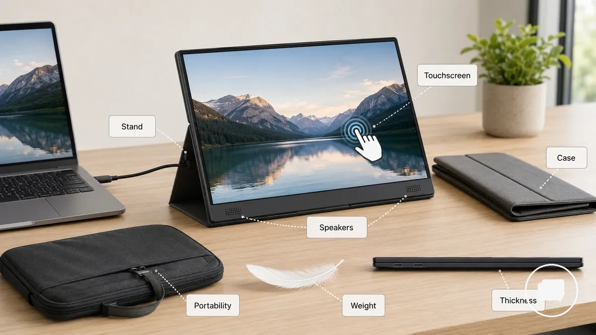 Tragbarer Monitor mit Touchscreen, Ständer, schützendem Gehäuse, Lautsprechern und Funktionen für die Tragbarkeit