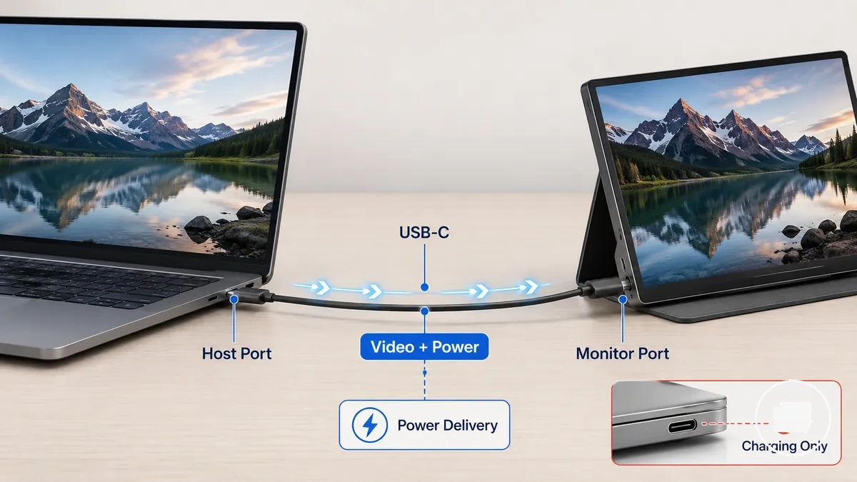 USB-C-Einzelkabelverbindung zwischen Laptop und tragbarem Monitor