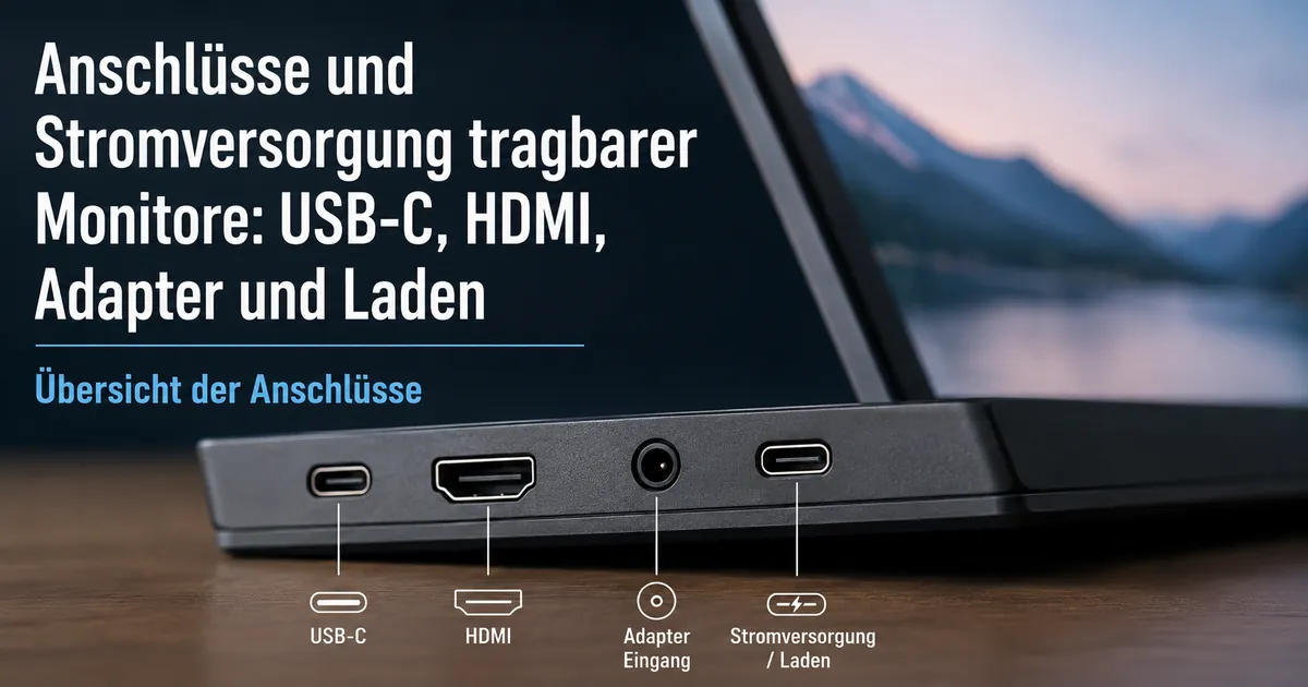 Nahaufnahme der Anschlüsse eines tragbaren Monitors mit USB-C, HDMI, Adapter und Stromversorgung