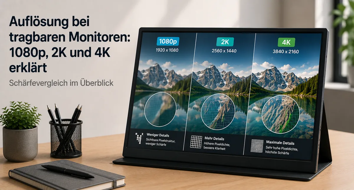Tragbarer Monitor mit scharfem Text und Bilddetails zum Vergleich der Auflösung