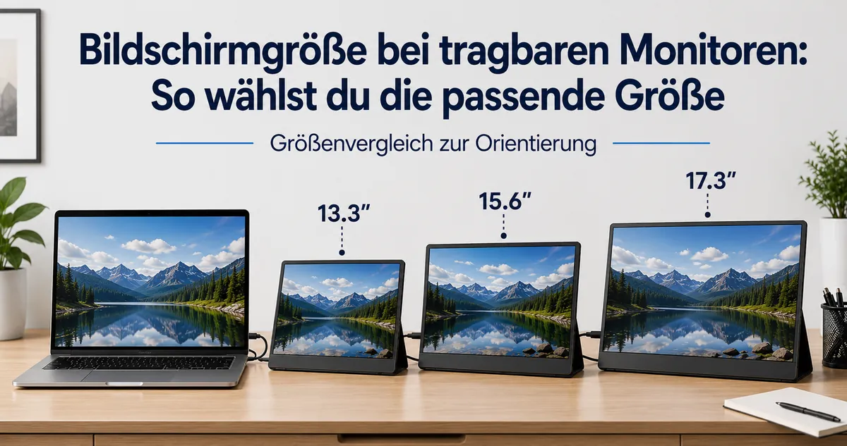 Verschiedene Größen tragbarer Monitore neben einem Laptop zum Größenvergleich