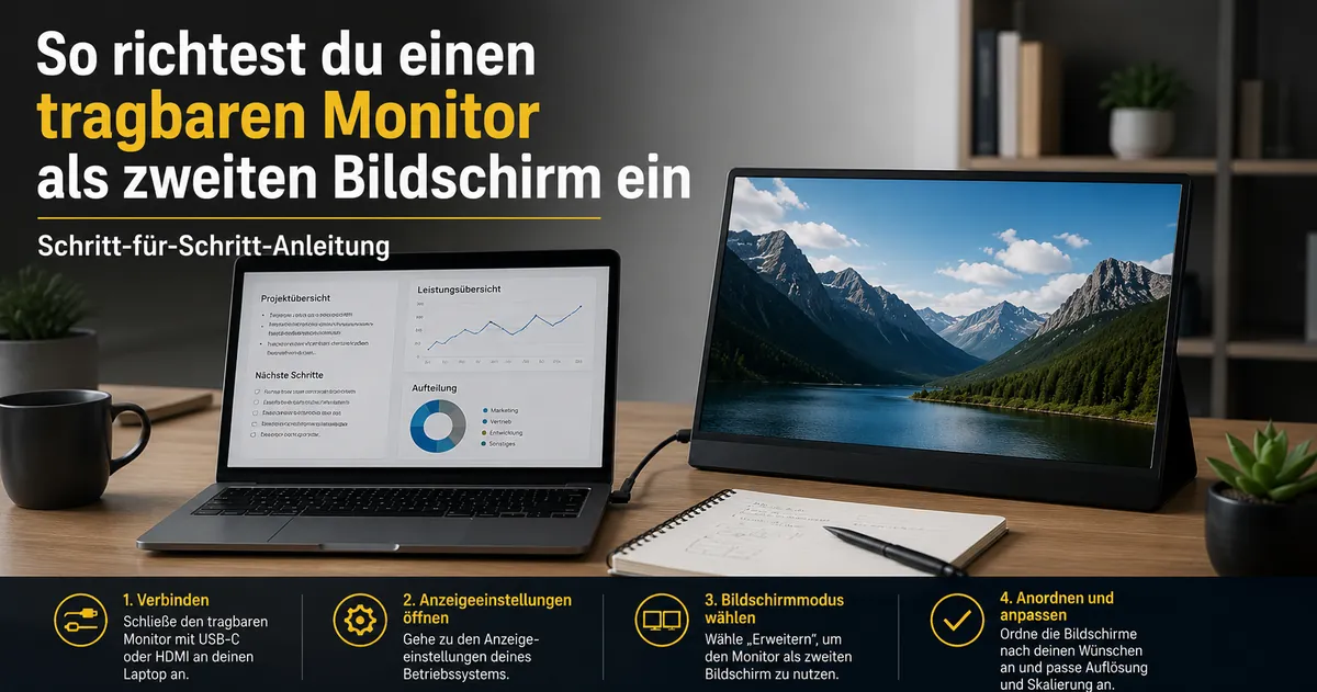 Tragbarer Monitor als zweiter Bildschirm neben einem Laptop auf einem Schreibtisch eingerichtet