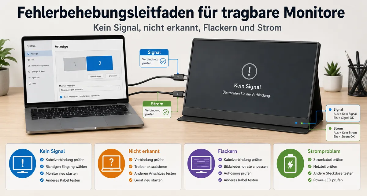 Fehlerbehebung bei einem tragbaren Monitor mit Kabeln, Stromanschluss und Signalprüfung