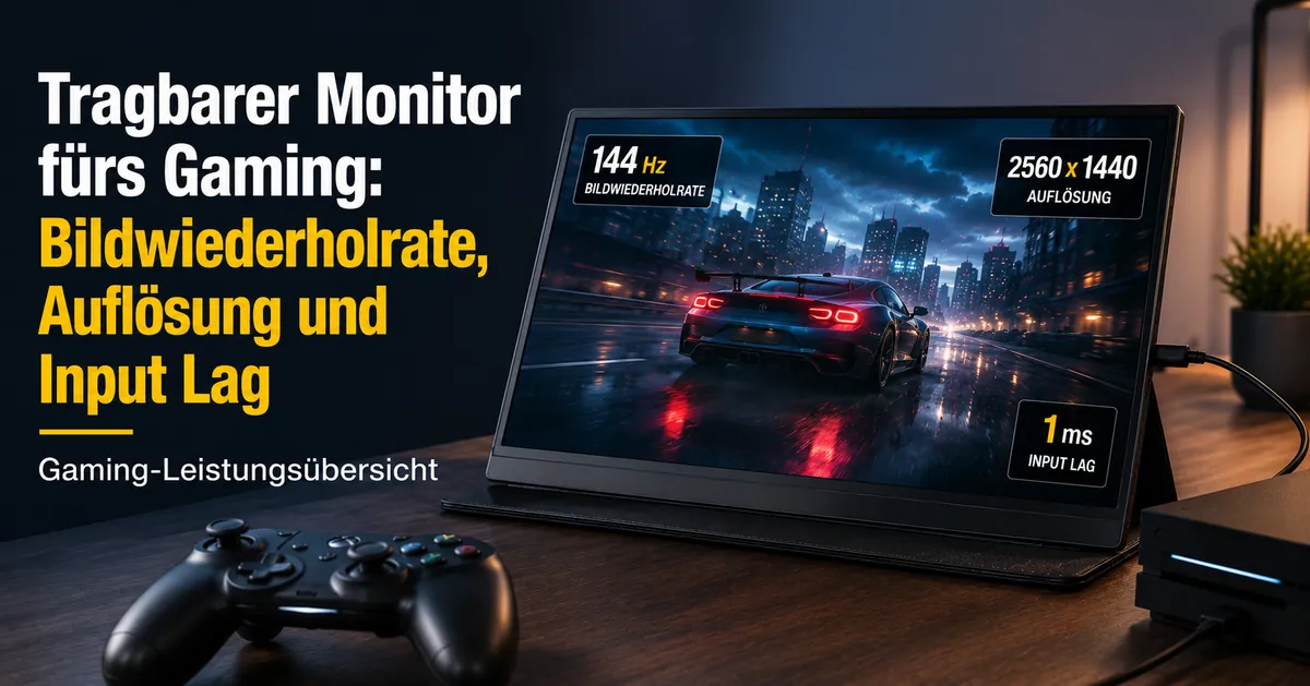 Tragbarer Monitor in einem Gaming-Setup mit Controller und Konsole