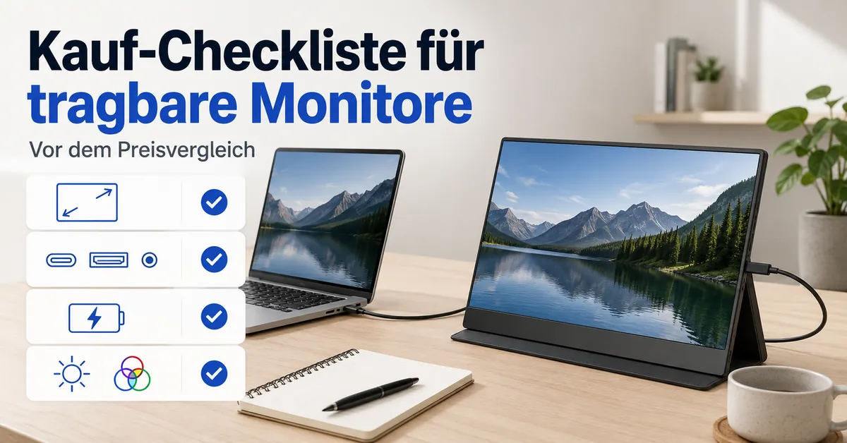 Kauf-Checkliste für tragbare Monitore mit Größe, Anschlüssen, Stromversorgung und Display-Funktionen