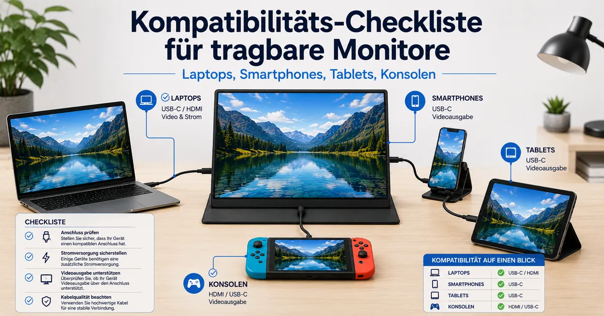 Tragbarer Monitor verbunden mit Laptop, Smartphone, Tablet und Konsole zur Kompatibilitätsprüfung