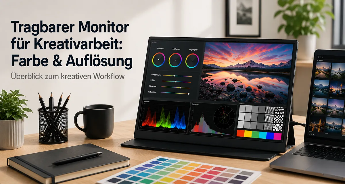 Tragbarer Monitor für kreative Arbeit mit farb- und auflösungsbezogenen Inhalten auf dem Bildschirm