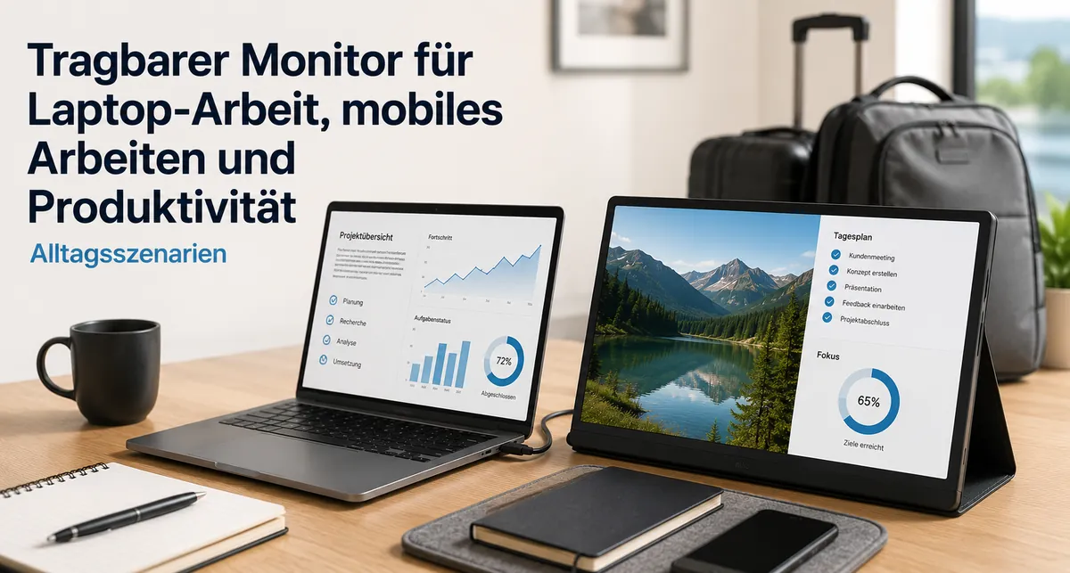 Tragbarer Monitor mit Laptop für Arbeit, mobiles Arbeiten und Produktivität