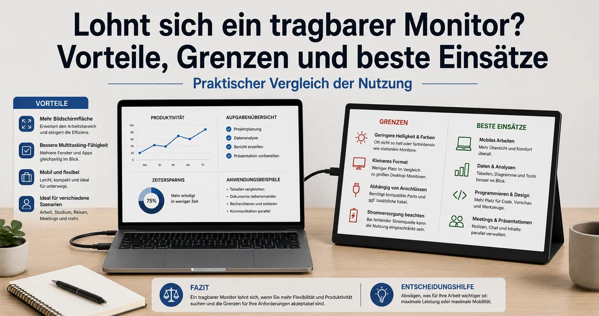 Tragbarer Monitor neben einem Laptop zum Vergleich praktischer Vorteile eines zweiten Bildschirms