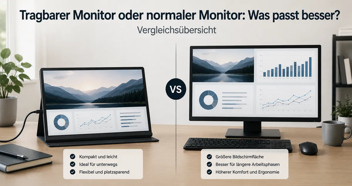 Tragbarer Monitor neben einem normalen Desktop-Monitor zum Vergleich