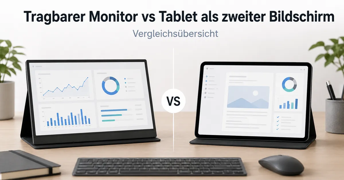 Tragbarer Monitor und Tablet nebeneinander als Optionen für einen zweiten Bildschirm