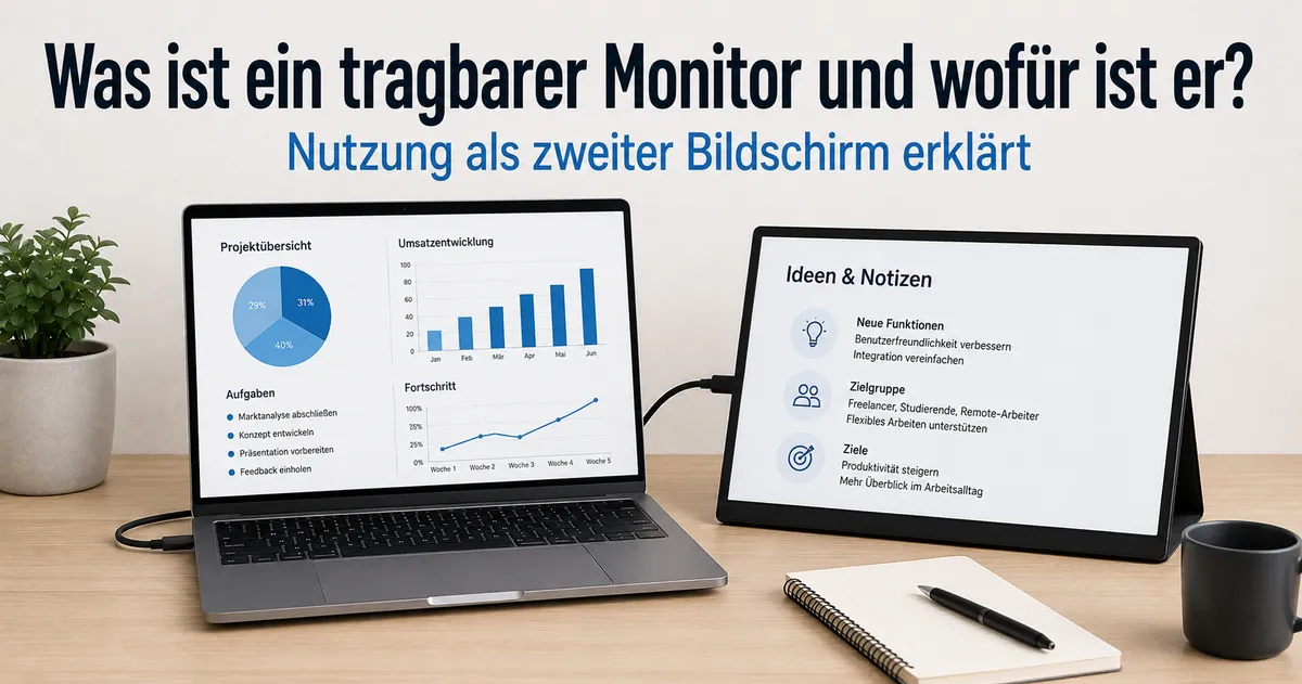 Tragbarer Monitor neben einem Laptop zur Erklärung des Einsatzes als zweiter Bildschirm