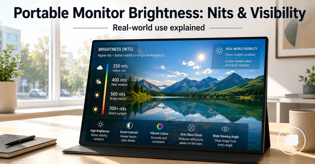 Portable monitor screen viewed in a bright room to assess screen visibility