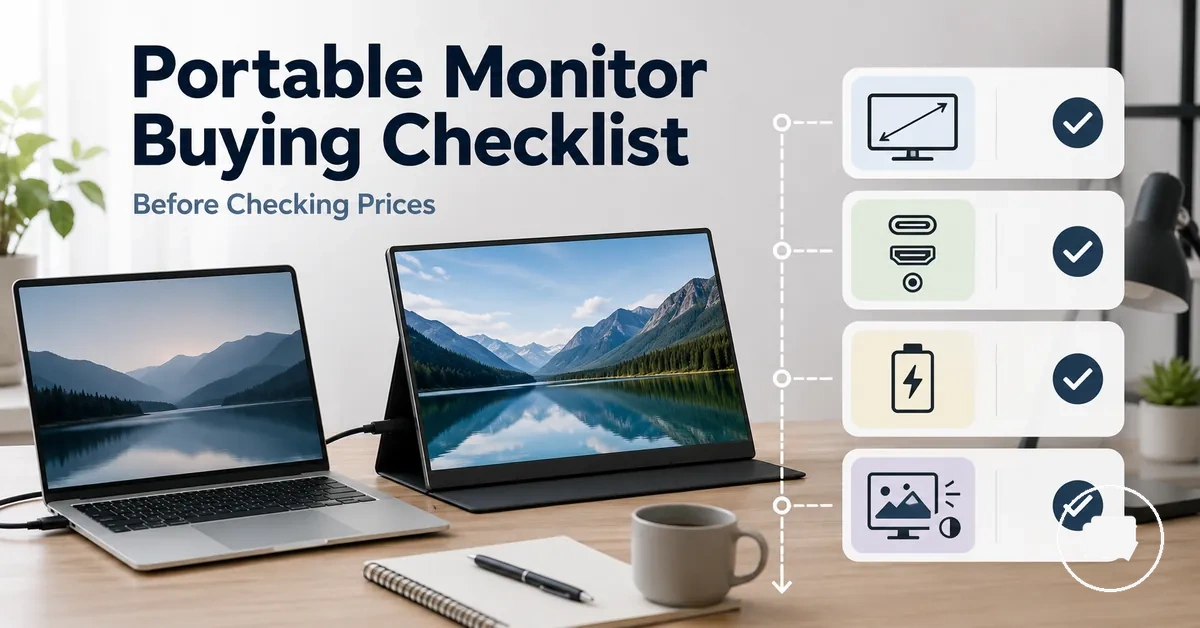 Portable monitor buying checklist with size, ports, power, and display features
