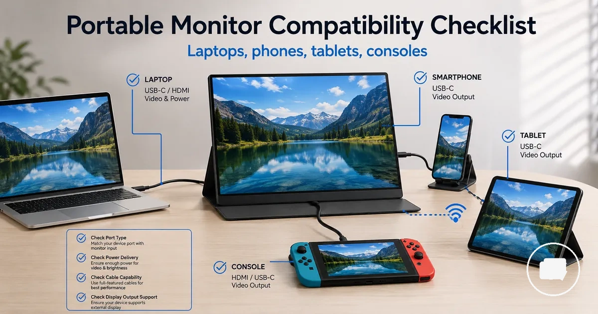 Portable monitor connected to a laptop, phone, tablet, and console for compatibility checking
