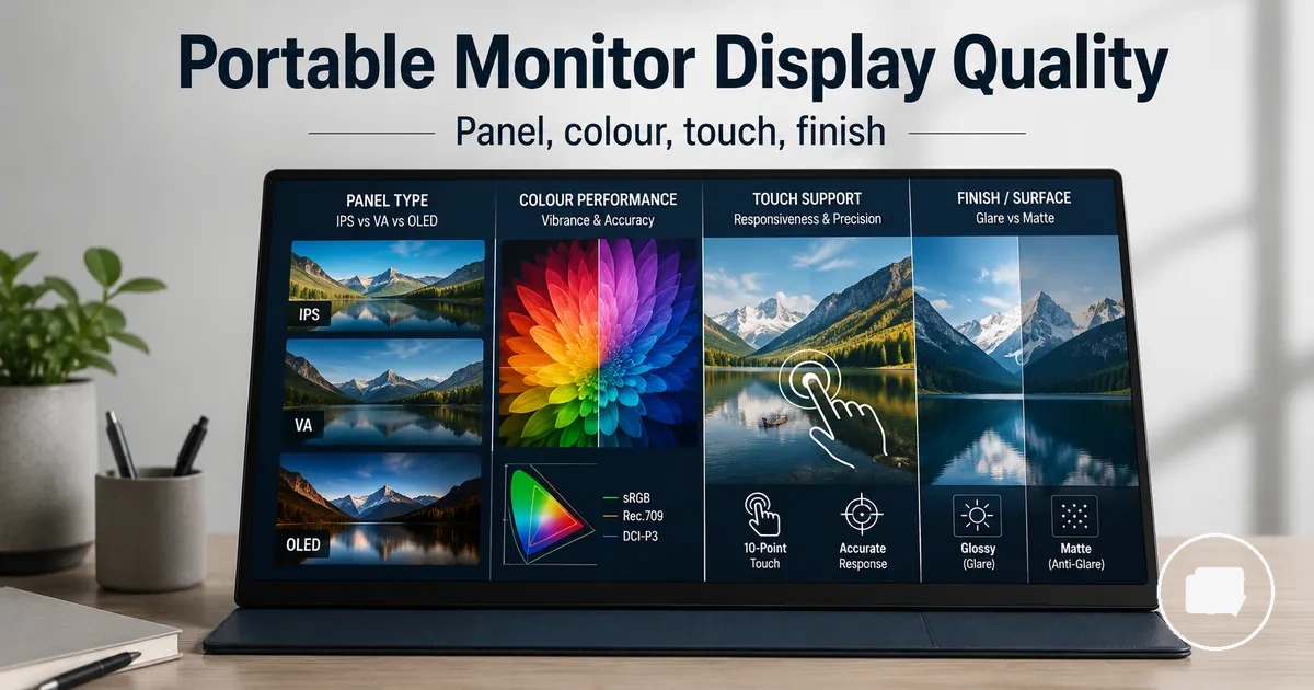 Portable monitor displaying colour and screen finish differences for display quality evaluation