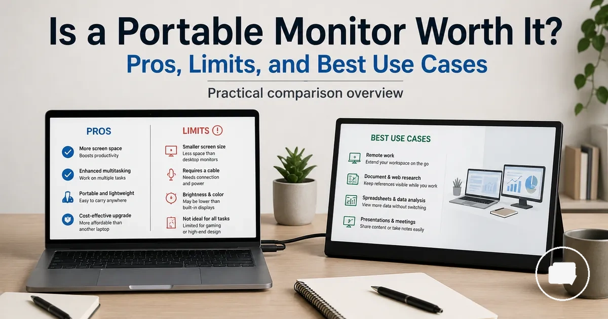 Portable monitor used beside a laptop to compare practical second-screen benefits