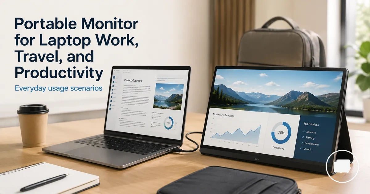 Portable monitor used with a laptop for work, travel, and productivity