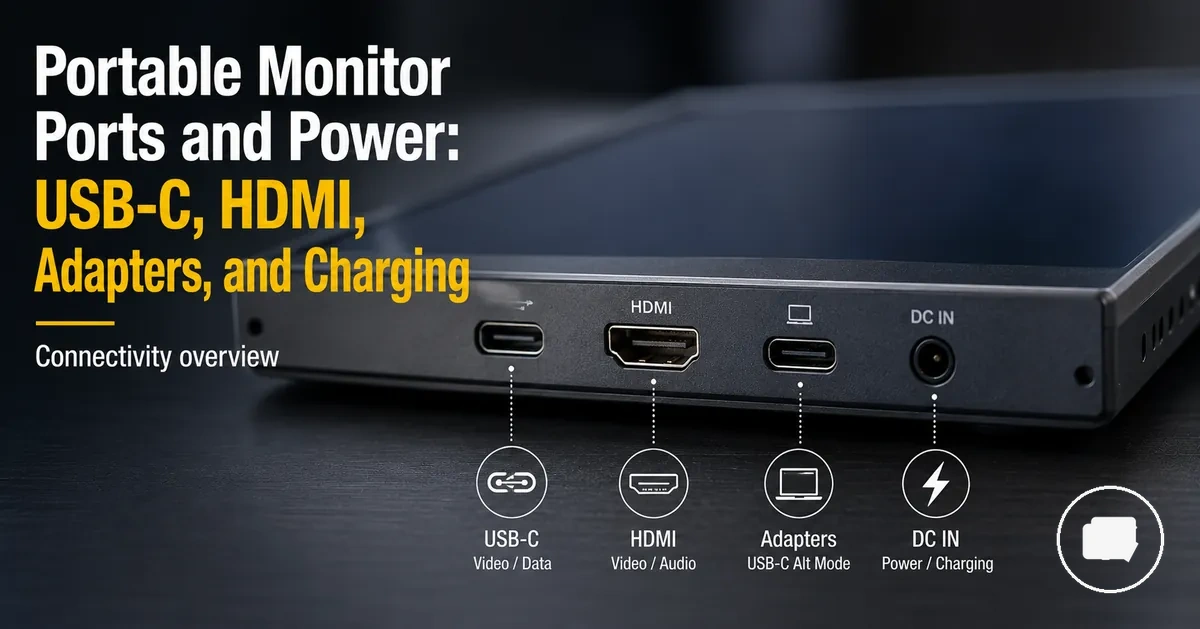 Close-up of portable monitor ports showing USB-C, HDMI, adapter, and power connections