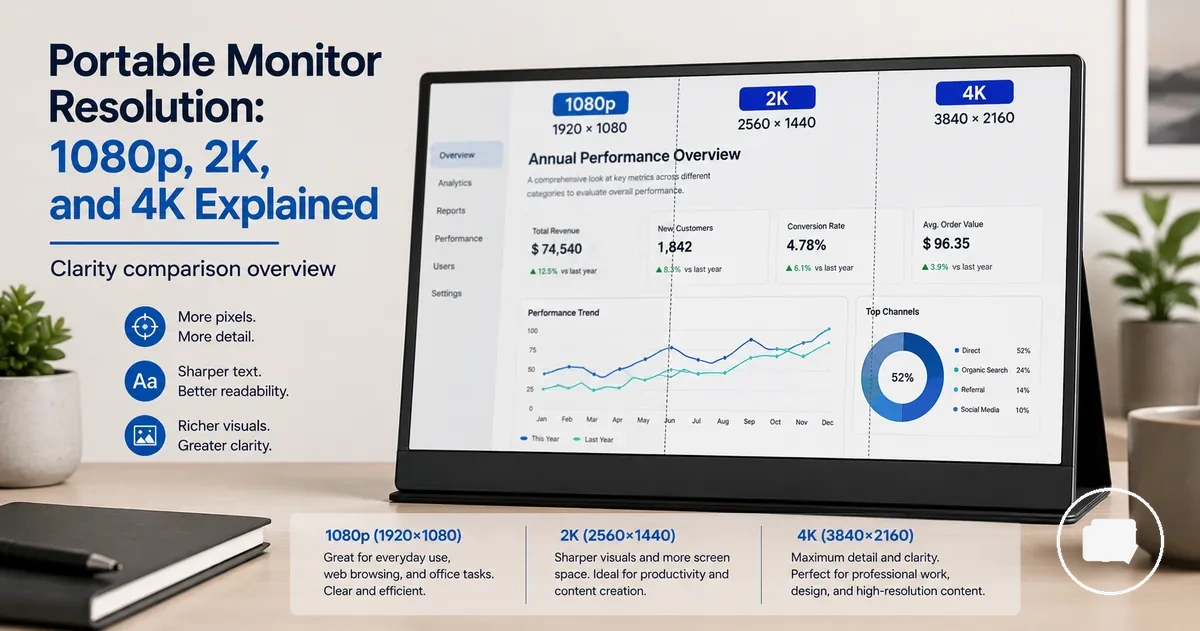 Portable monitor screen showing sharp text and display detail for resolution comparison