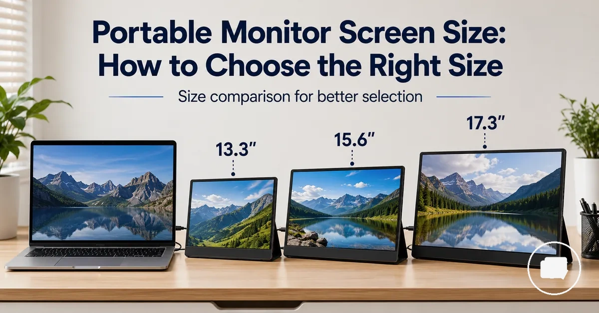 Different portable monitor sizes arranged beside a laptop for scale