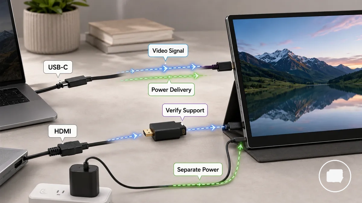 Comparison graphic showing USB-C, HDMI, video signal, and power requirements for portable monitor compatibility