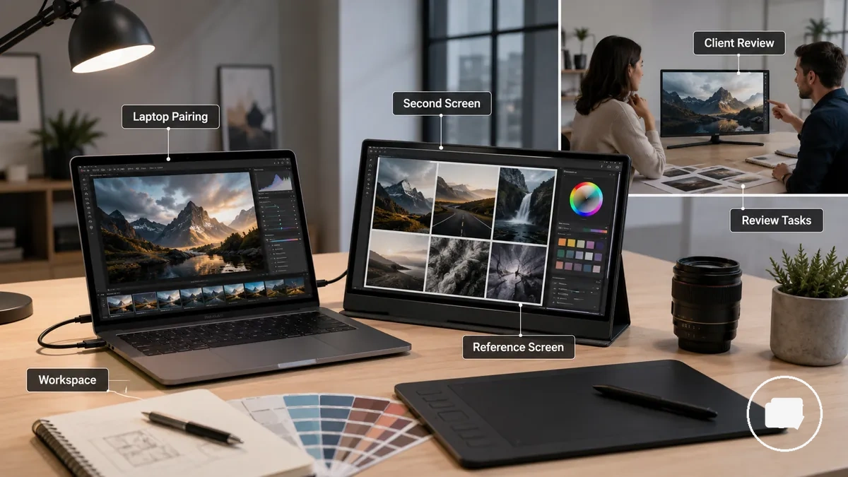 Portable monitor used as a second screen in a creative work setup