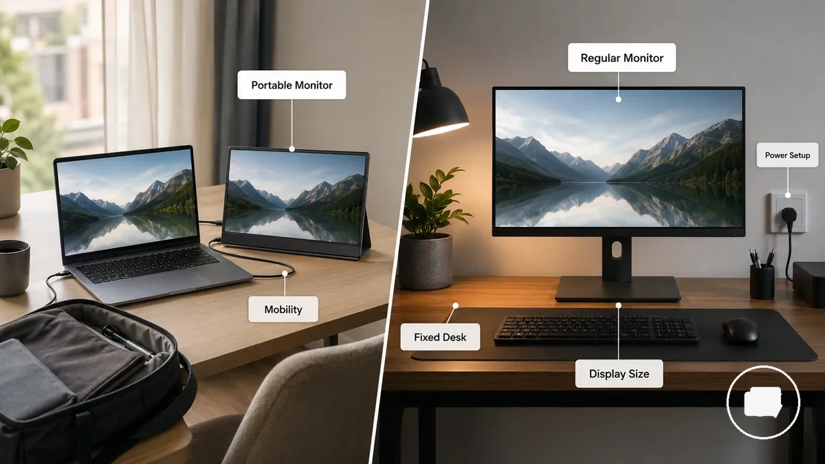 Comparison showing a portable monitor and a regular monitor in different work environments
