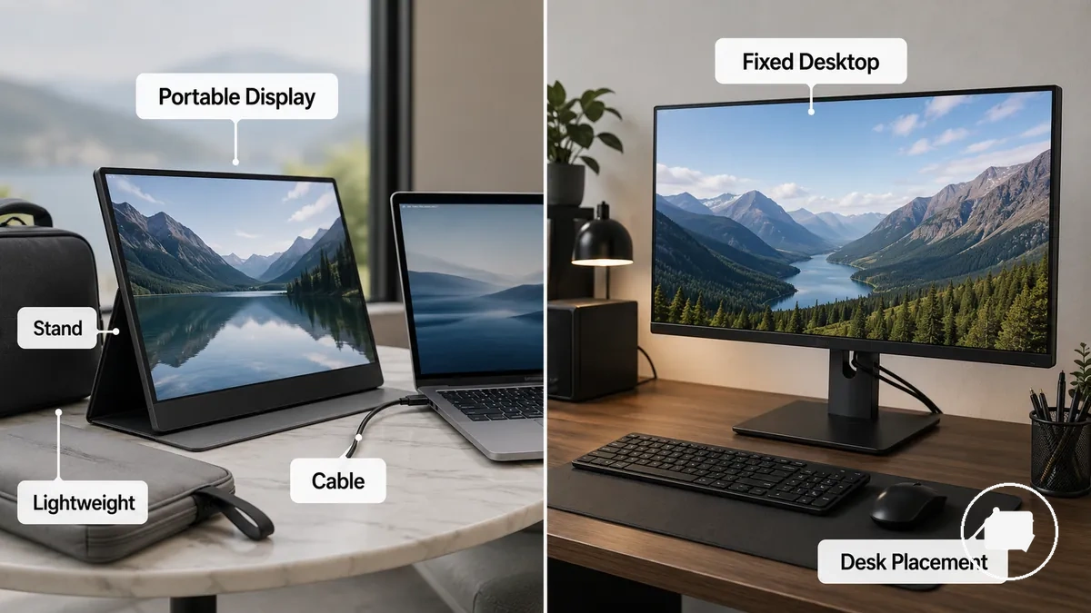 Annotated comparison of a portable display and a fixed desktop display showing physical differences