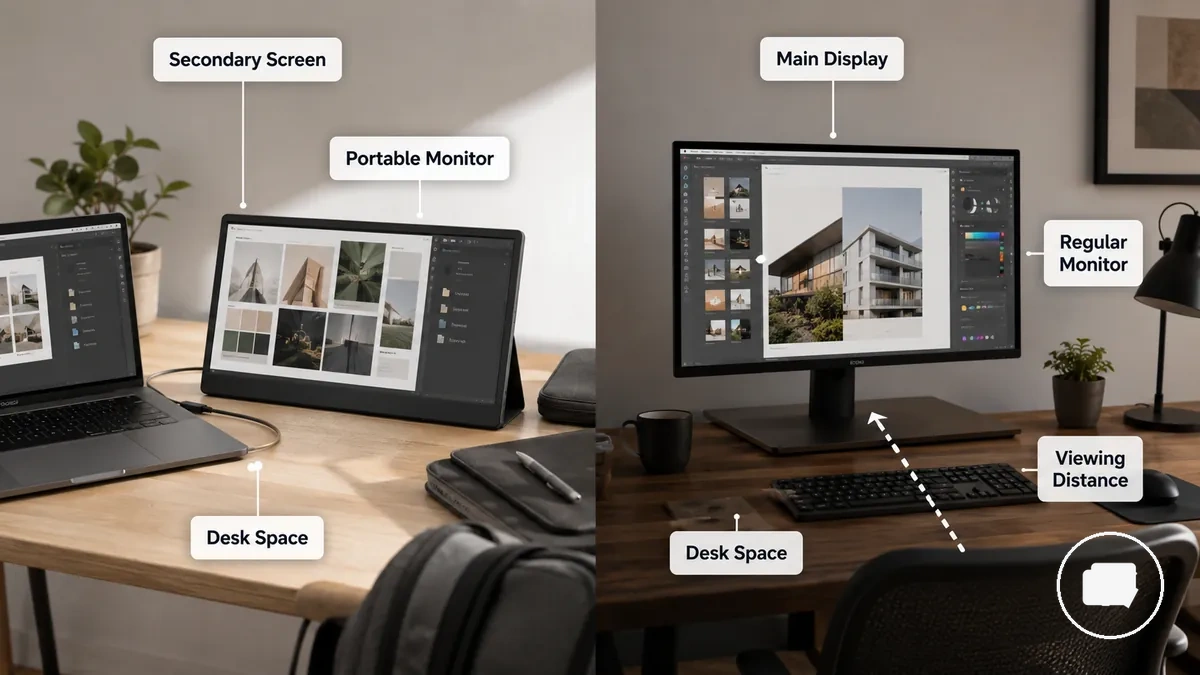 Comparison showing a portable monitor as a secondary screen and a regular monitor as a main workstation monitor