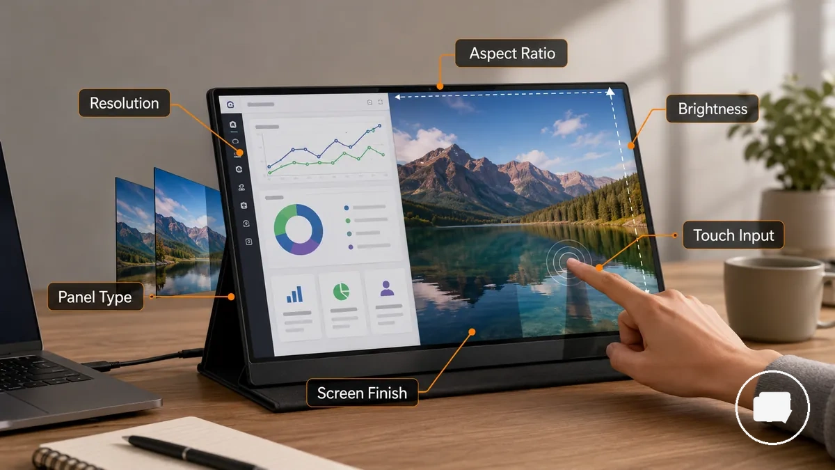 Portable monitor display specifications labeled for readability, brightness, finish, and touch