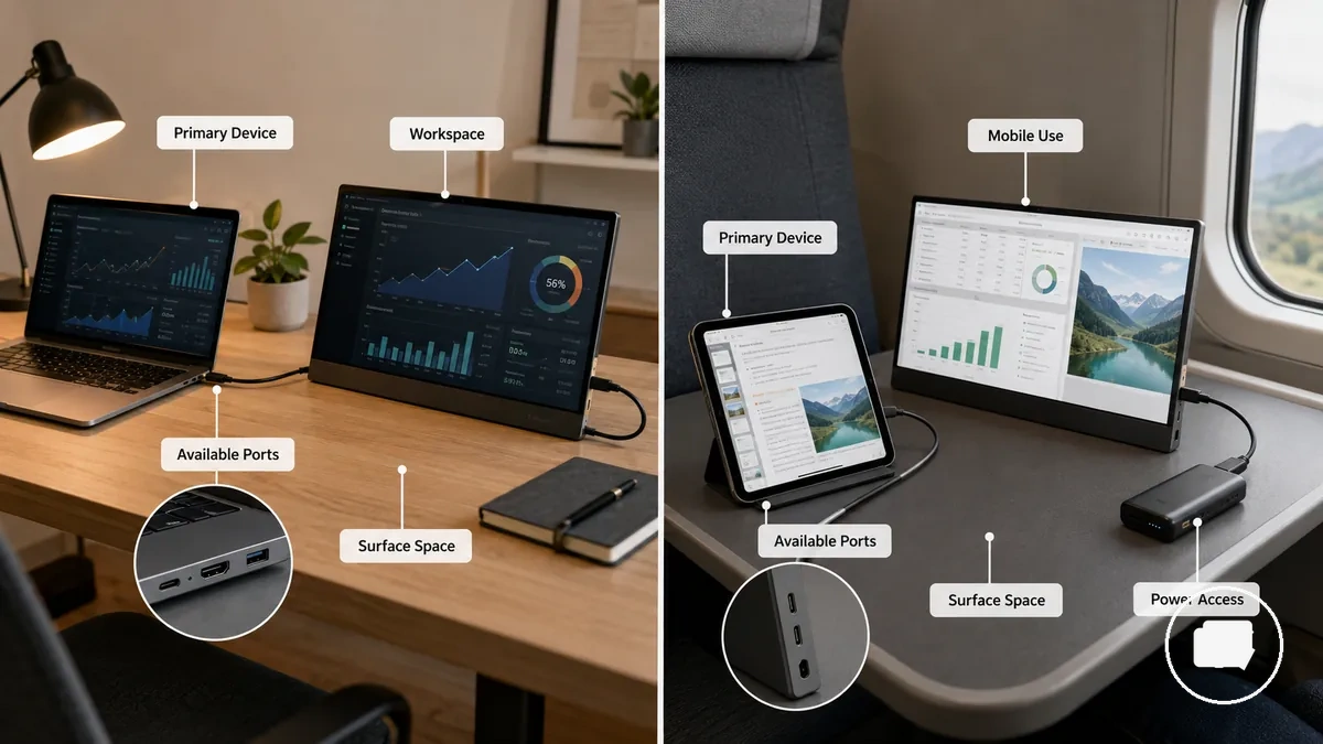 Portable monitor connected to primary device in working environment
