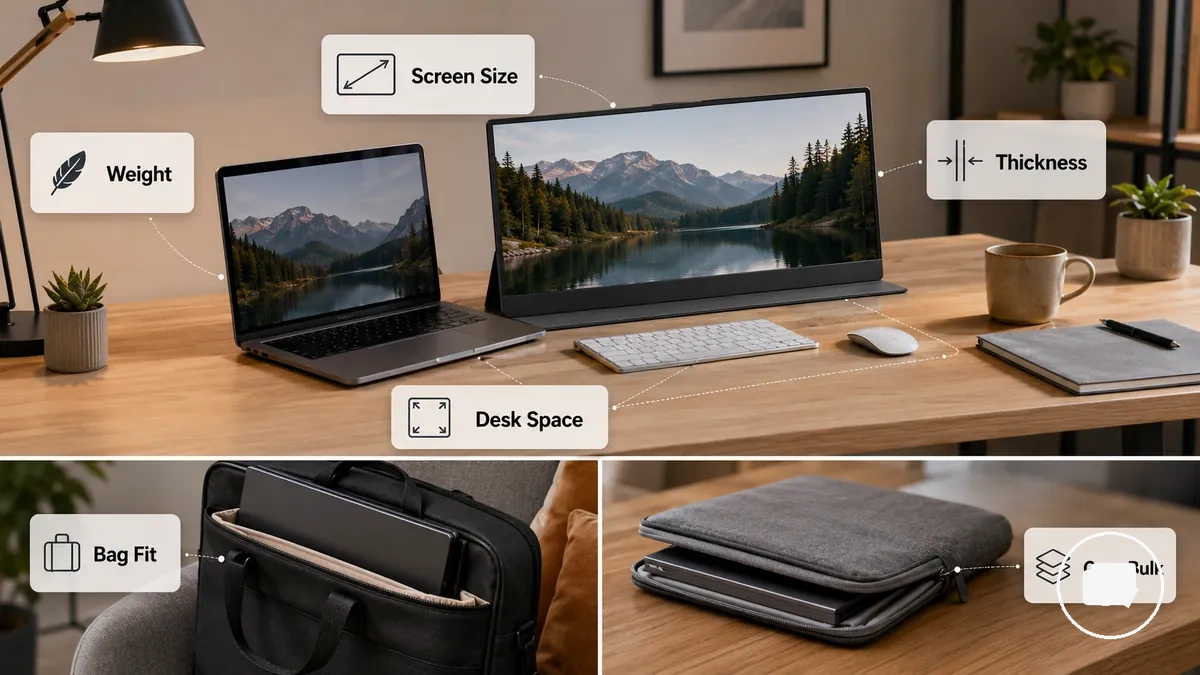 Portable monitor screen size and carrying limit compared with laptop and bag