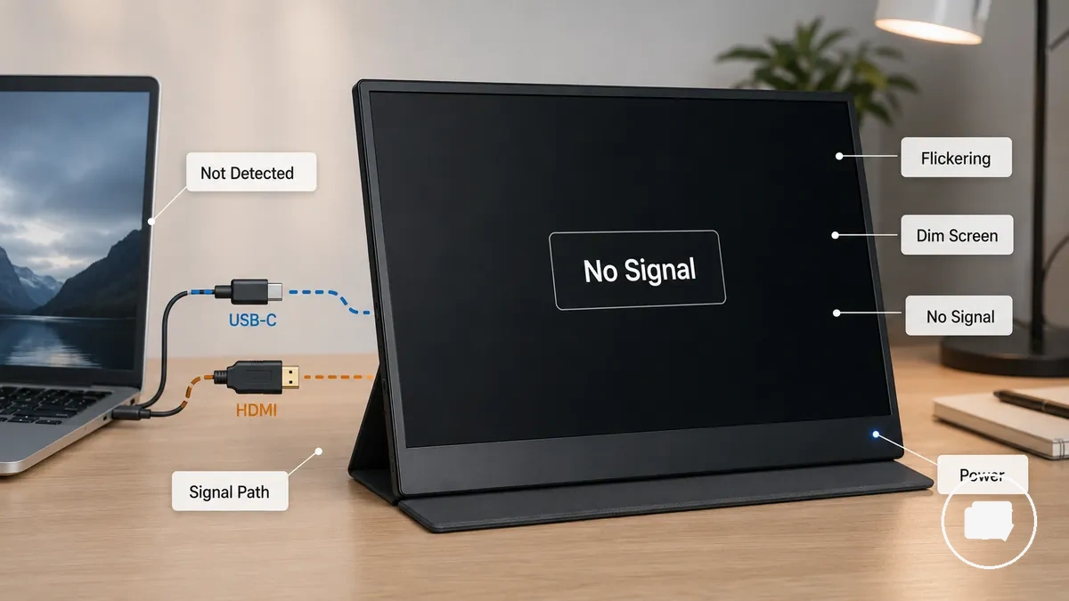 Diagram of portable monitor symptoms linked to cable power and display failure points