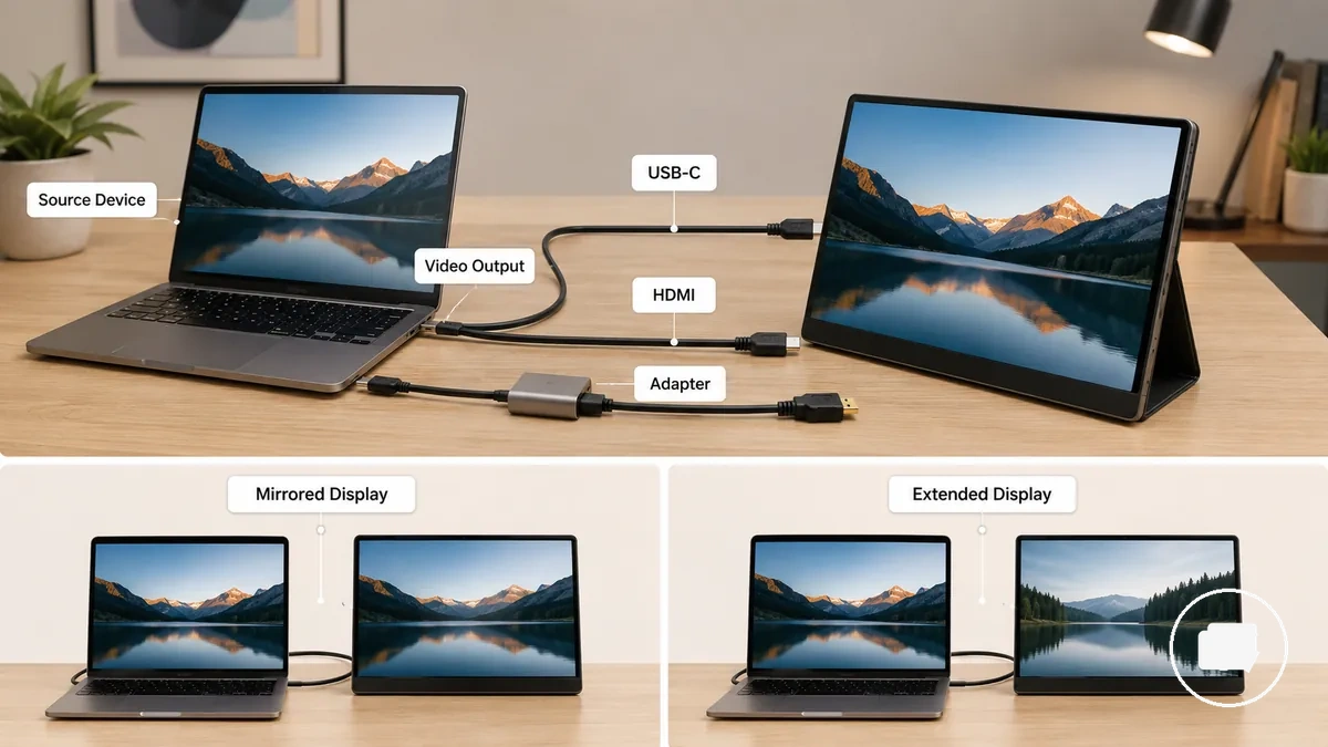 Video connection between a source device and a portable monitor showing mirrored and extended display modes
