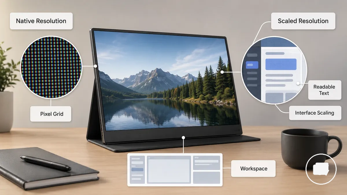 Annotated portable monitor example showing native resolution and scaled resolution