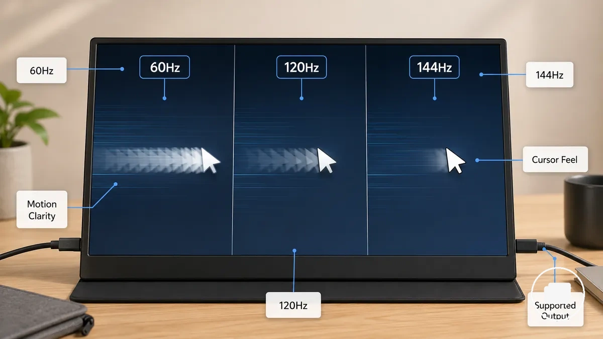 Comparison graphic of 60Hz 120Hz and 144Hz motion clarity on a portable monitor