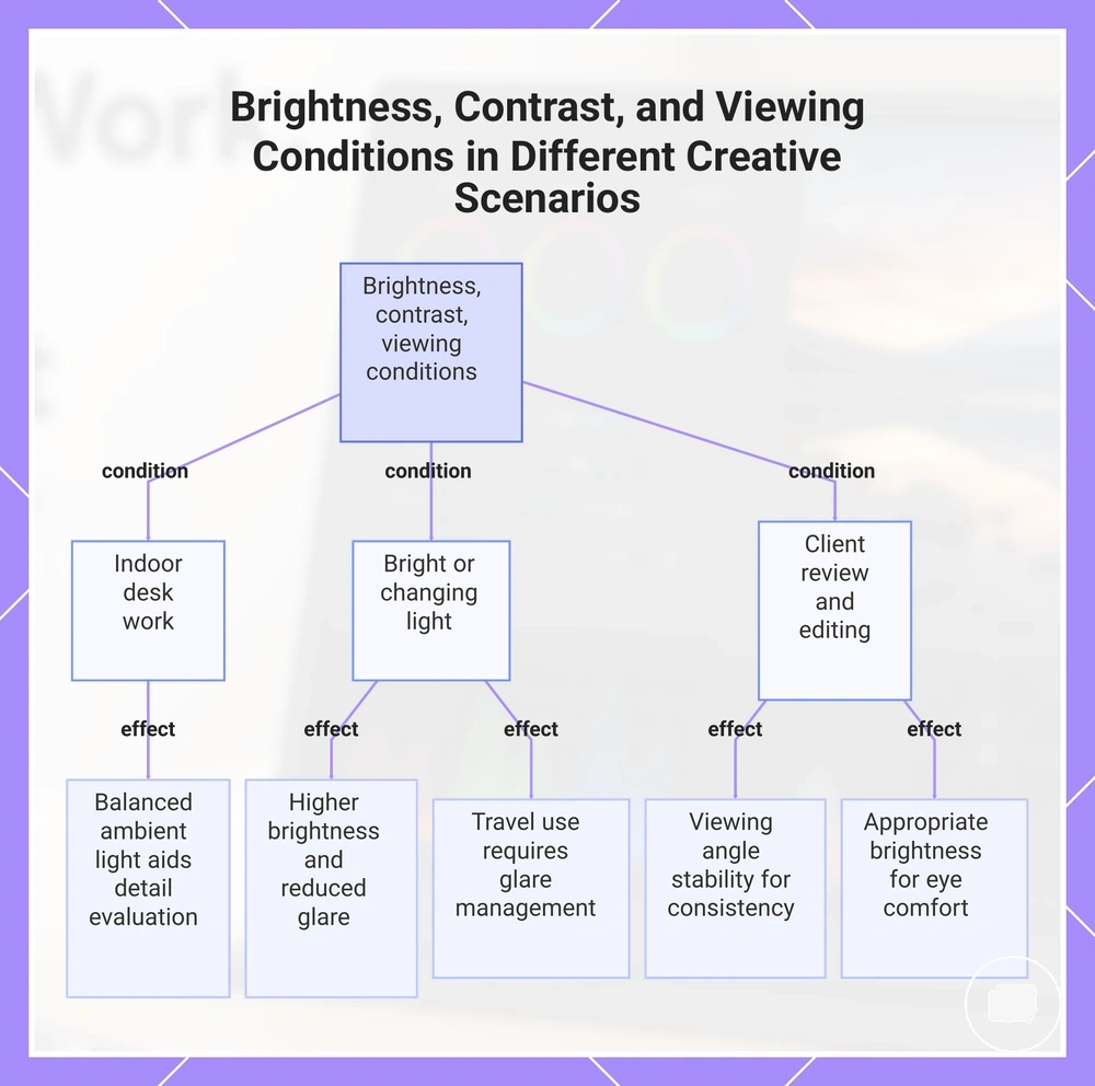 Brightness, Contrast, and Viewing Conditions in Different Creative Scenarios