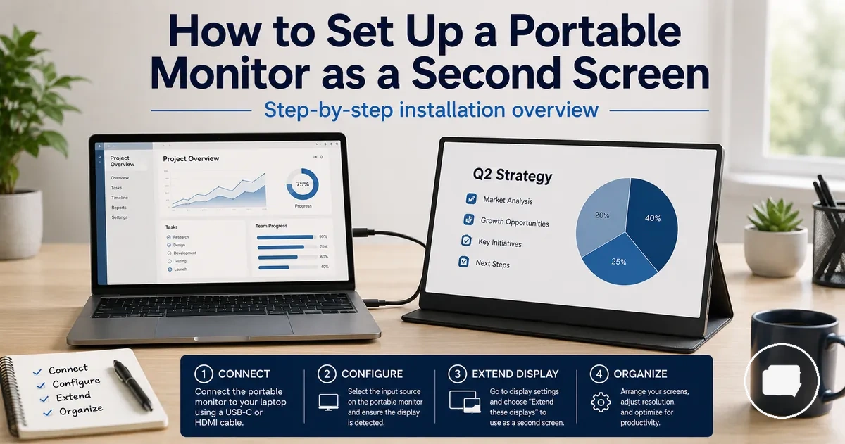 Portable monitor set up as a second screen beside a laptop on a desk