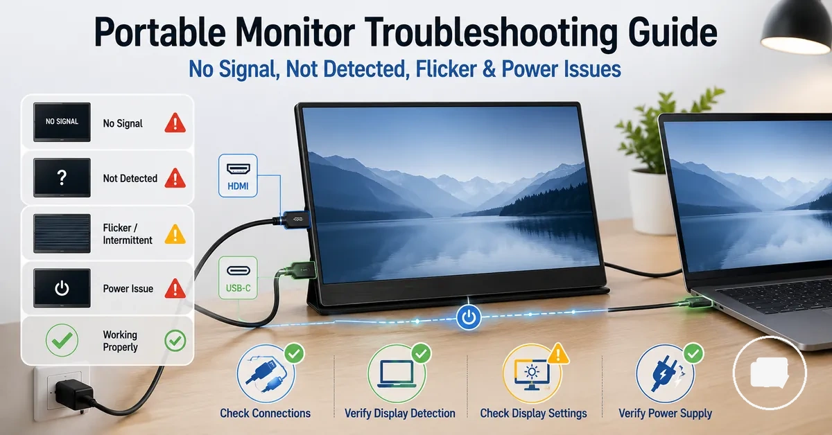 Portable monitor troubleshooting setup showing cables, power connection, and display signal checks